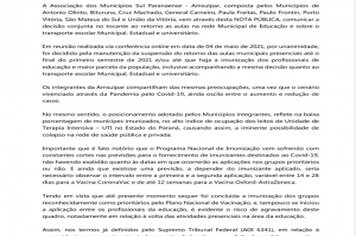 NOTA PÚBLICA - AMSULPAR Referente: Retorno das Atividades Escolares Presenciais e Transporte Escolar.