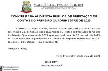 CONVITE PARA AUDIÊNCIA PÚBLICA DE PRESTAÇÃO DE CONTAS DO PRIMEIRO QUADRIMESTRE DE 2023
