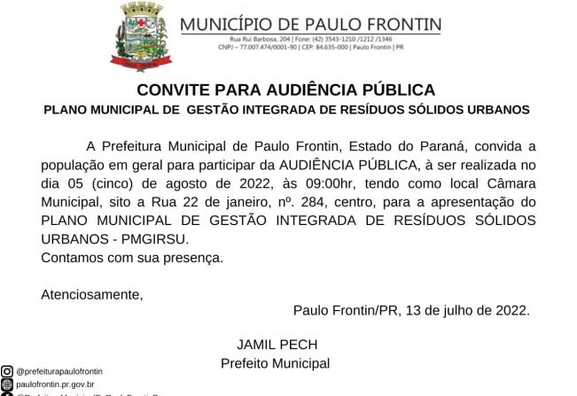 CONVITE PARA AUDIÊNCIA PÚBLICA - PLANO MUNICIPAL DE GESTÃO INTEGRADA DE RESÍDUOS SÓLIDOS URBANOS