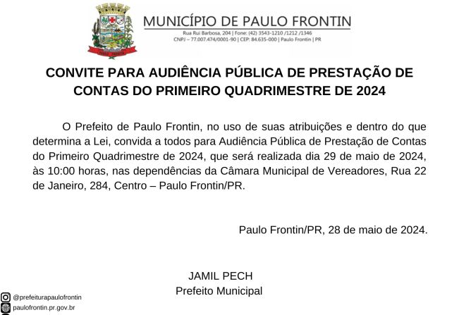 CONVITE PARA AUDIÊNCIA PUBLICA DE PRESTAÇÃO DE CONTAS DO PRIMEIRO QUADRIMESTRE DE 2024